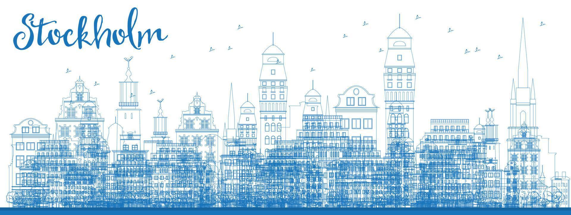 schets de skyline van Stockholm met blauwe gebouwen. vector