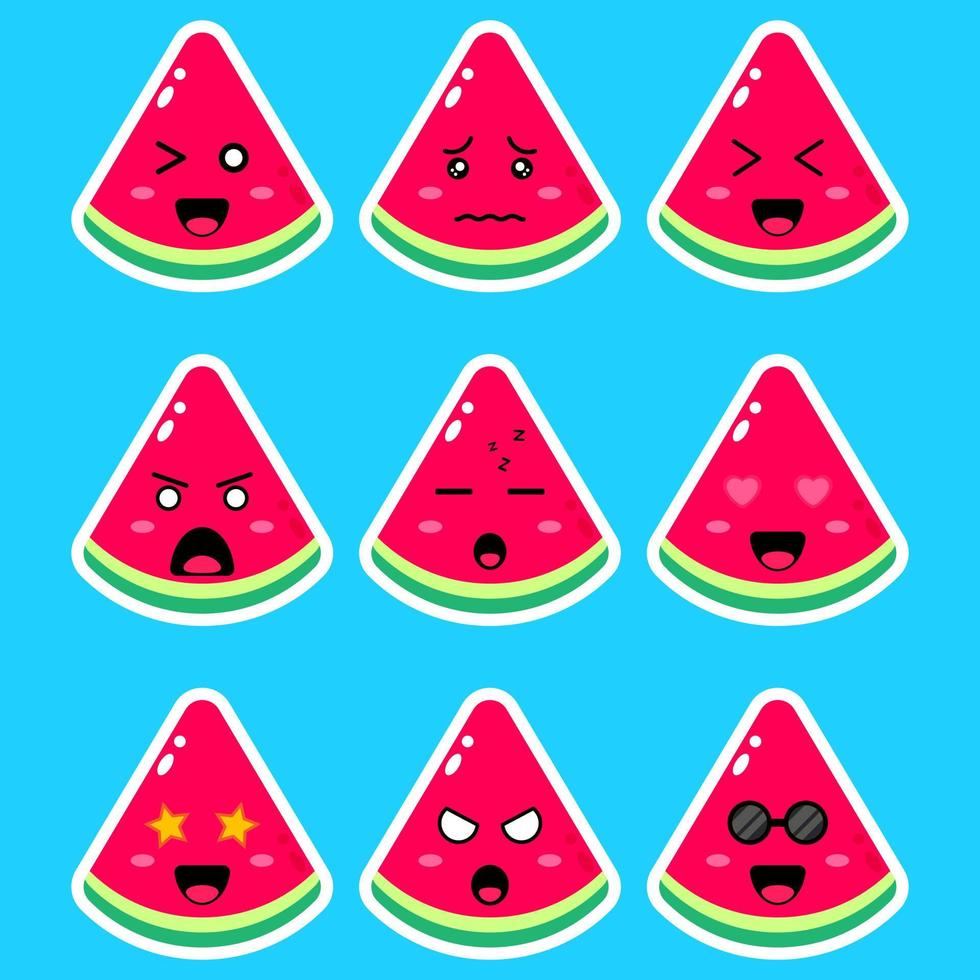 watermeloen fruit cartoon met verschillende emoties. vector