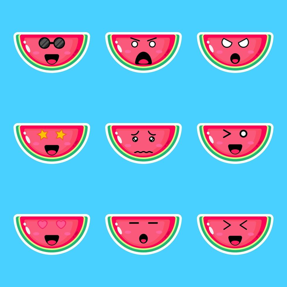 watermeloen fruit cartoon met verschillende emoties. vector