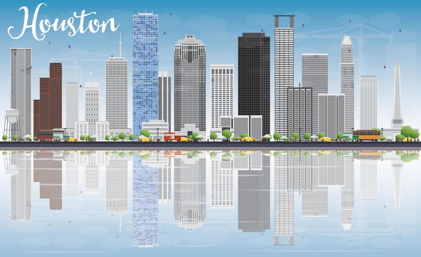 Houston skyline met grijze gebouwen, blauwe lucht en reflecties. vector