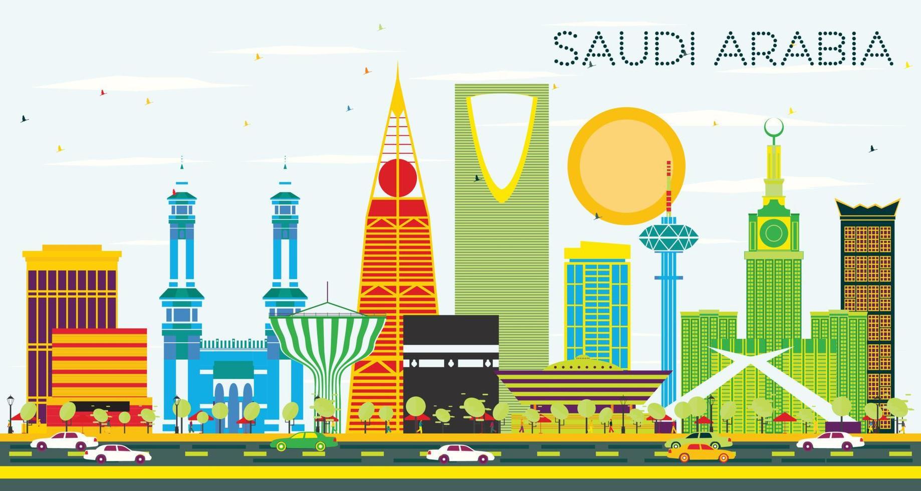 skyline van saoedi-arabië met kleuroriëntatiepunten en blauwe lucht. vector