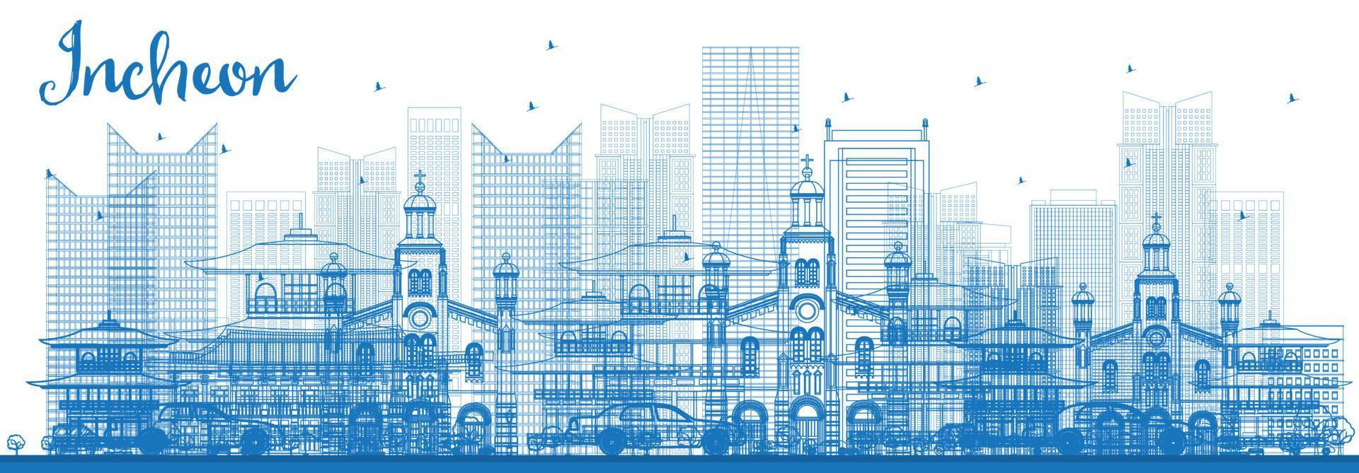 schets incheon skyline met blauwe gebouwen. vector