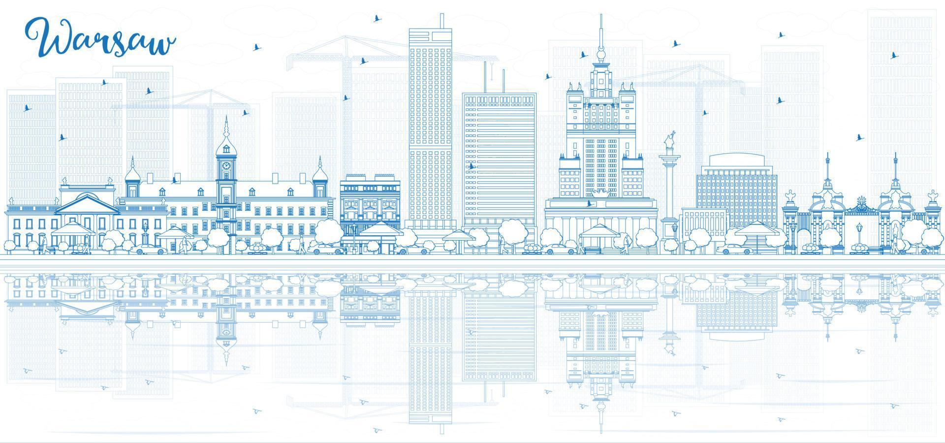 schets de skyline van Warschau met blauwe gebouwen en reflecties. vector