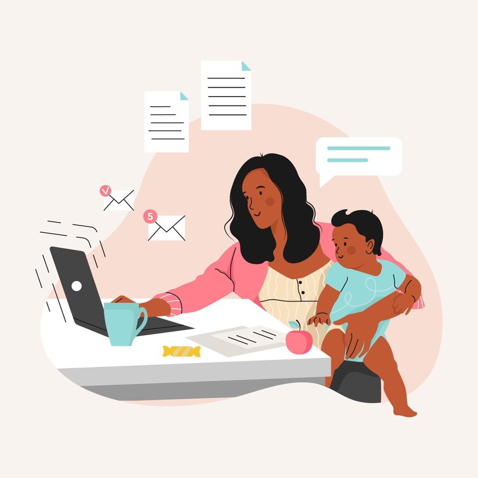 Afro-Amerikaanse moeder met kind dat vanuit huis op de laptop werkt. vrouwelijke freelance werknemer met kind op de werkplek. online baan, moederschapsconcept. platte vectorillustratie. vector