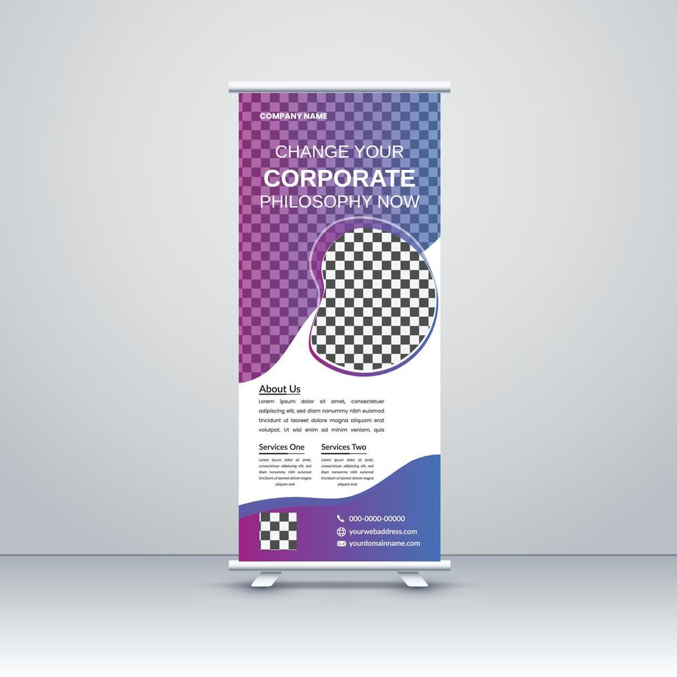 moderne zakelijke roll-up banner staan sjabloonontwerp. marketingtentoonstelling voor de conferentie, promobannertentoonstelling, afdrukken, presentatie en weergave, vlagbanner, voor seminar vector