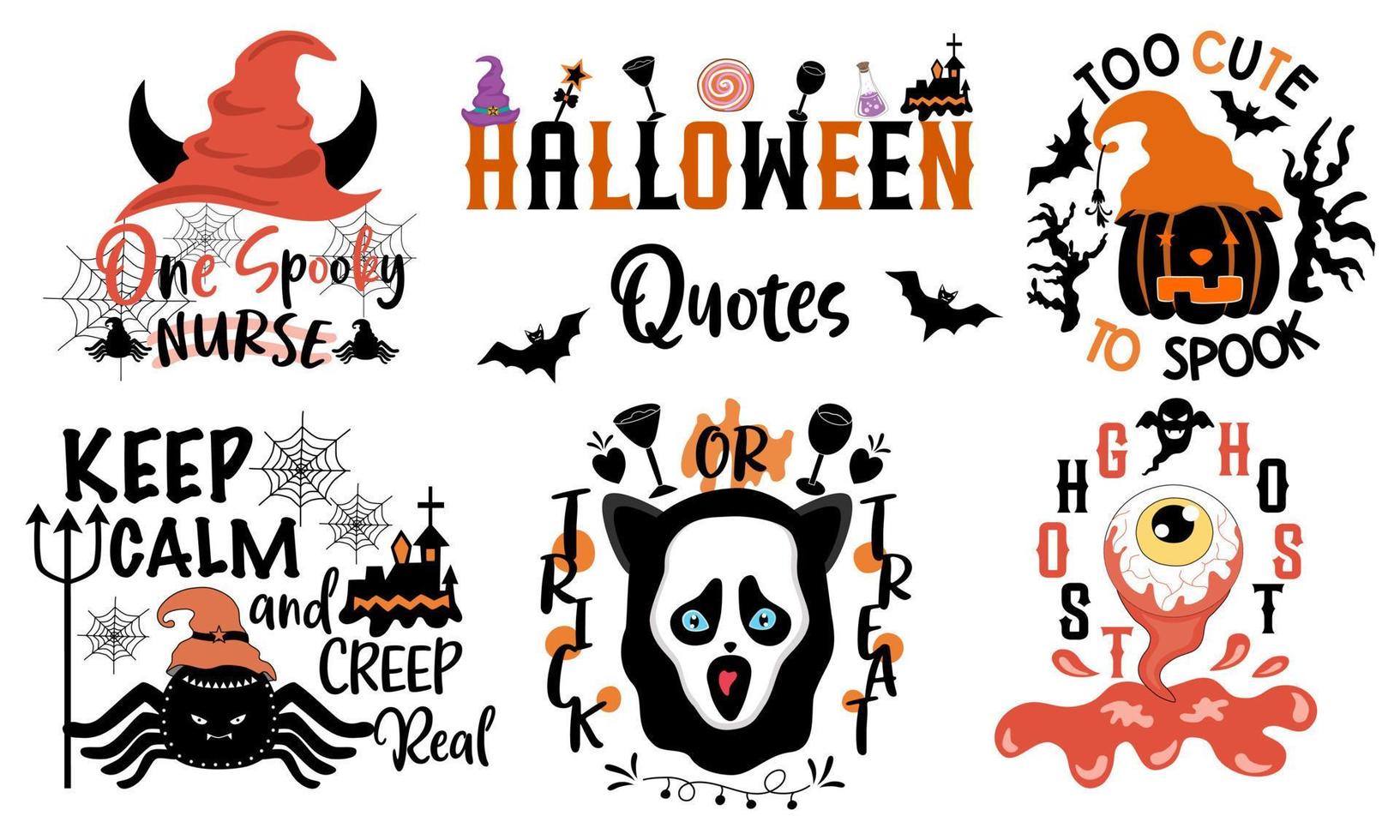 Halloween citaten set ontworpen in doodle stijl in zwarte en oranje tinten op witte achtergrond voor halloween thema decoraties, t-shirt design, tassen patronen, mokken, stof patronen, t-shirts ontwerpen vector