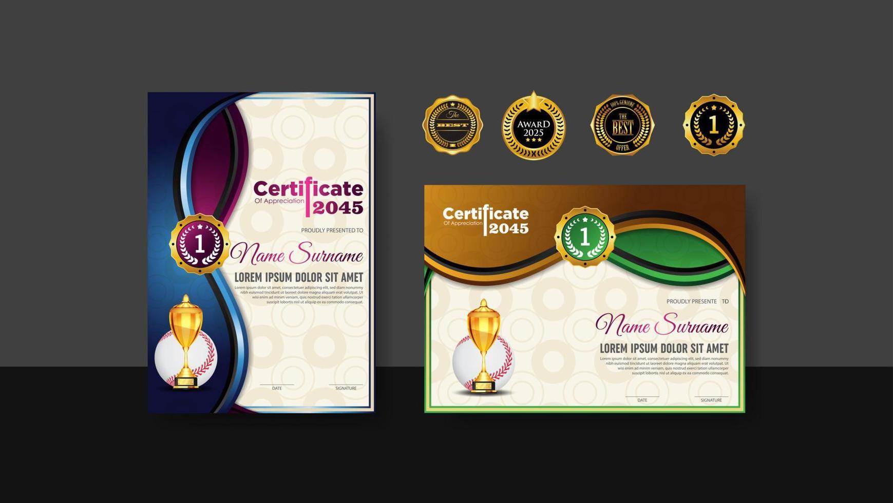 honkbal certificaat ontwerp met gouden beker set vector. basketbal. sport award sjabloon. prestatie ontwerp. diploma uitreiking. winnaar document. winnaarscup vector