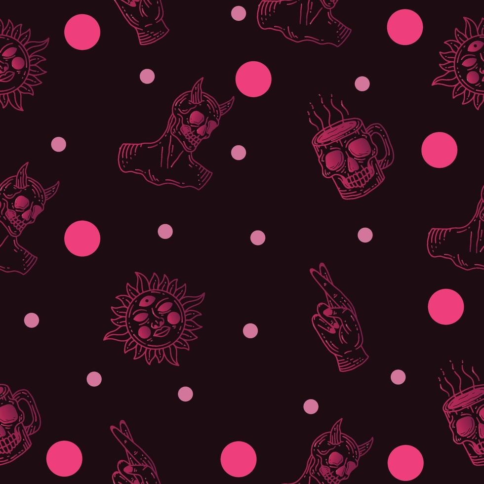 naadloze patroon roze mystieke hemelse eenvoudige minimalisme tattoo symbool met roze cirkel object ruimte doodle esoterische elementen vintage illustratie donker instellen. vector