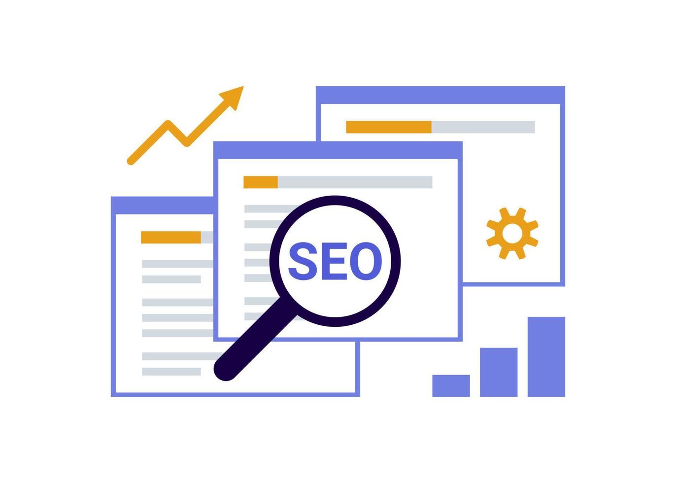 zoekmachineoptimalisatie, SEO-optimalisatie, analyse en advertentieconcept. zoekscherm met vergrootglas. teken seo top ranking voor web. vector illustratie