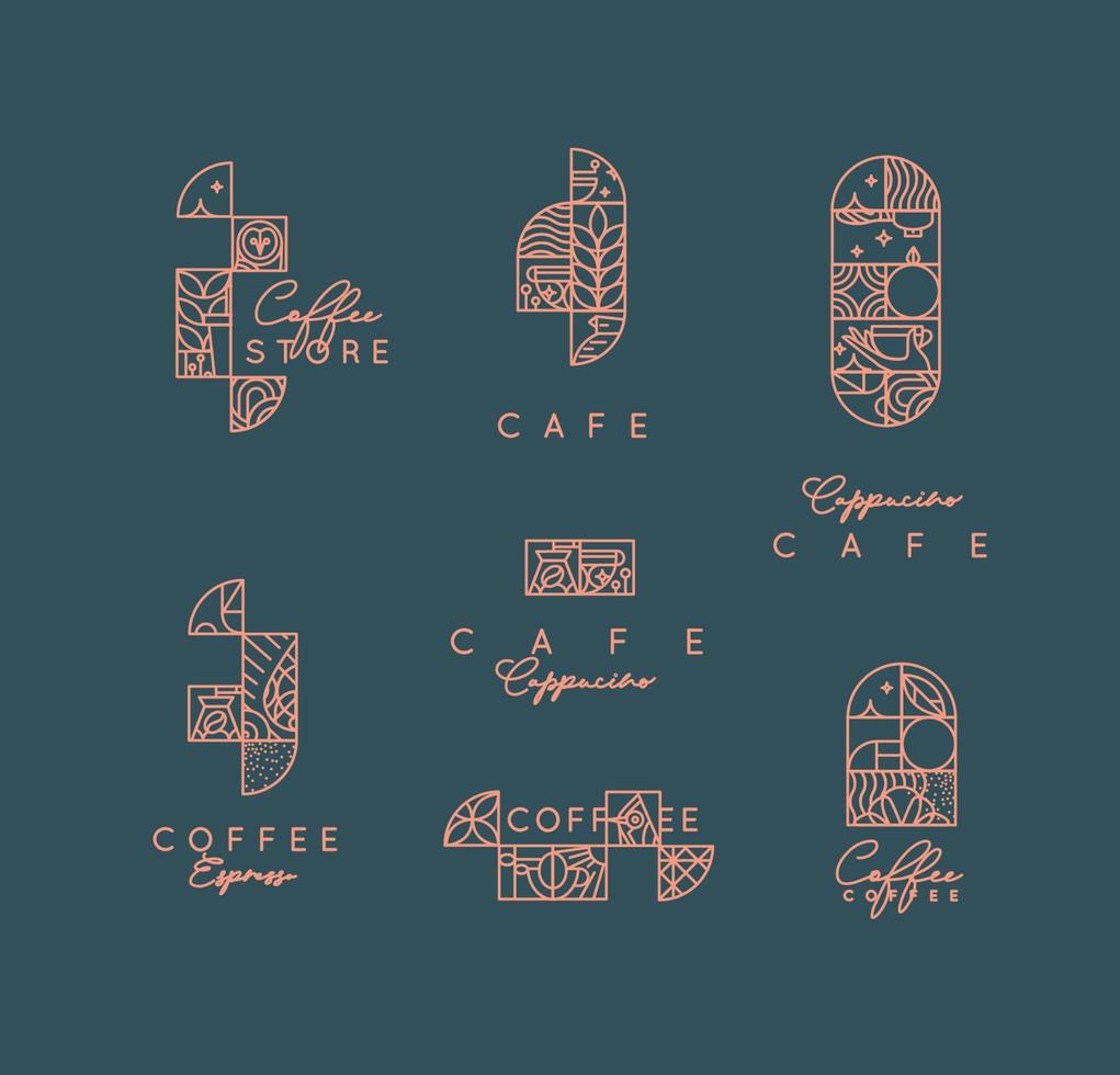 set creatieve moderne art deco koffie-etiketten in platte lijnstijl tekenen op donkere achtergrond. vector
