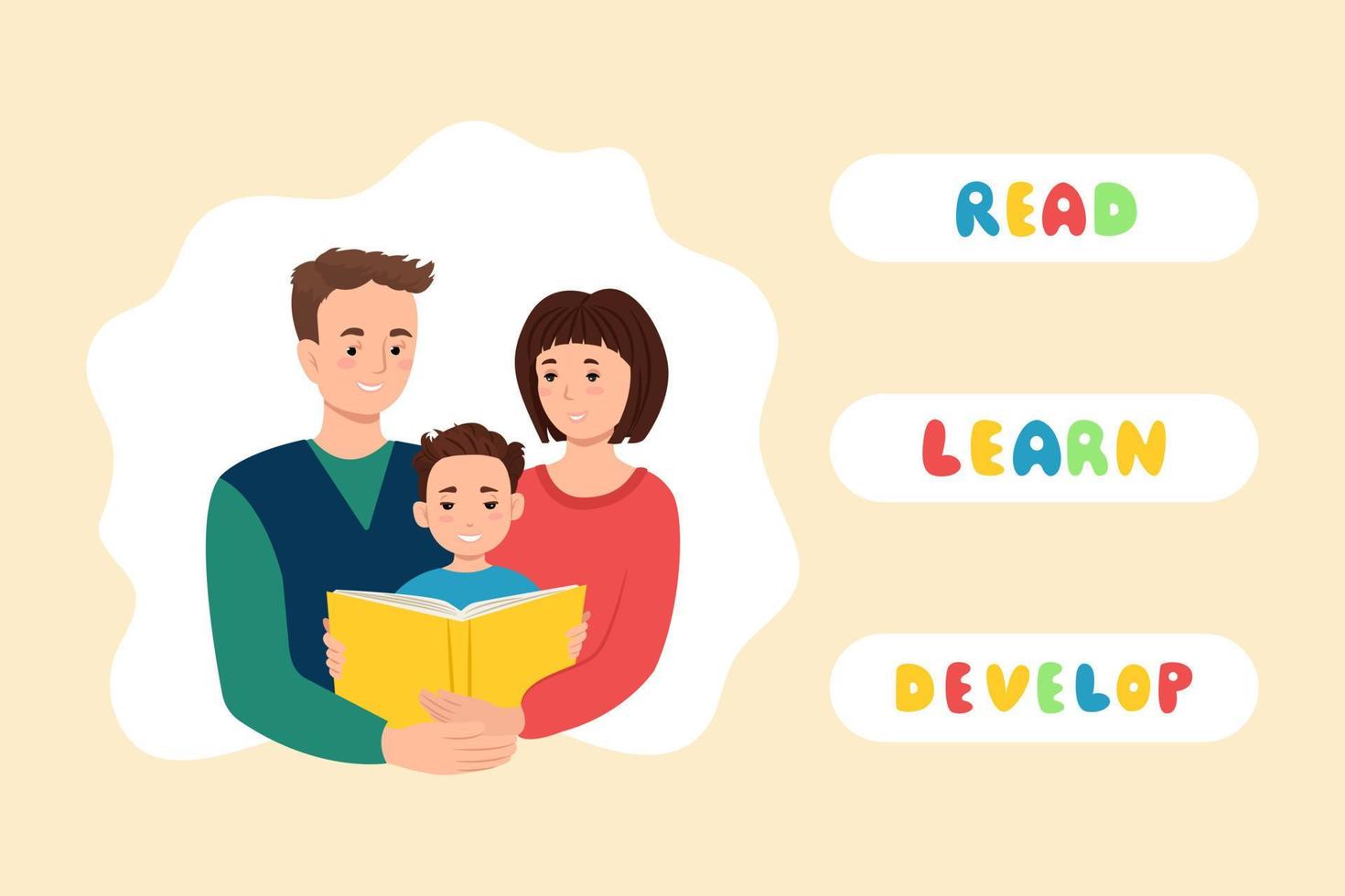 gelukkige ouders met kind dat een boekbanner leest. onderwijs en studie, vectorillustratie in vlakke stijl vector