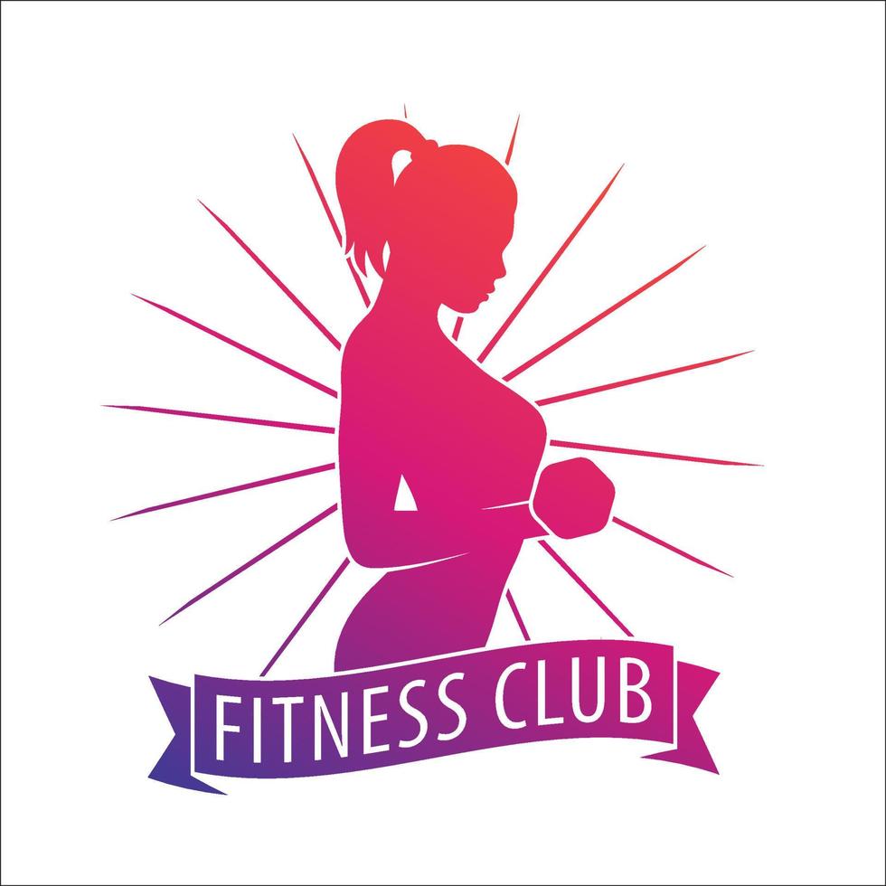 fitness club logo, embleem met poseren atletische meisje met halter over wit vector