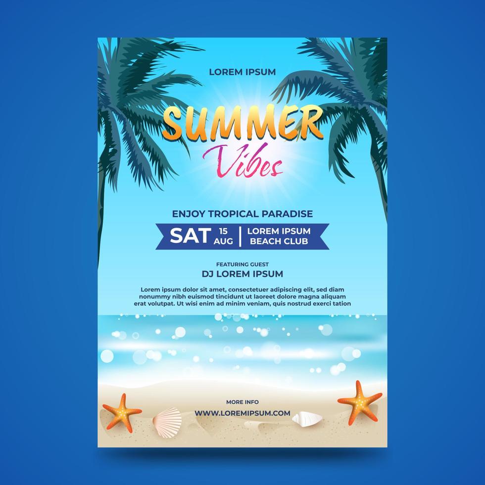 zomerfeest flyer ontwerp. tropisch strand achtergrond. vector
