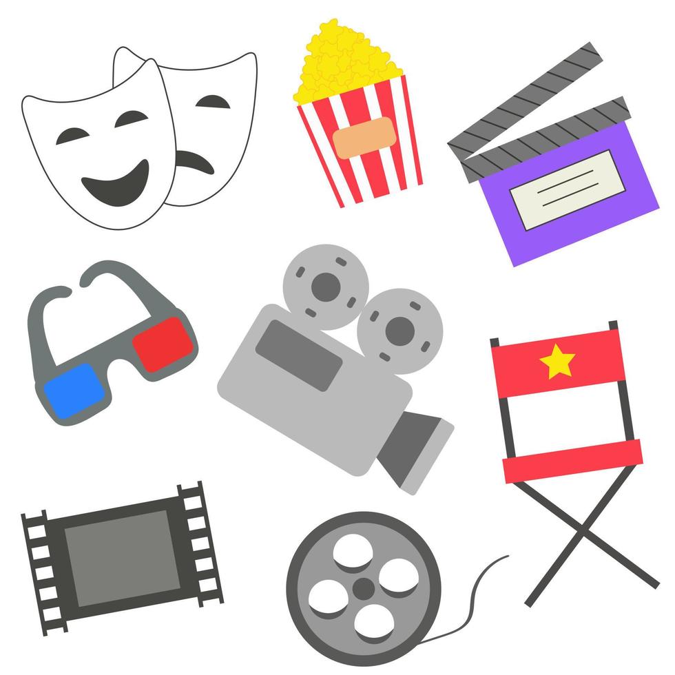 bioscoop pictogramserie. popcorndozen, filmrol, camera, bril, klepelbord. vector. vector