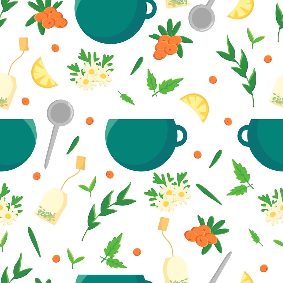 naadloos patroon voor een gezellige theeceremonie. het concept van een kopje thee drinken met biologische thee met kruiden, ontbijttijd vector