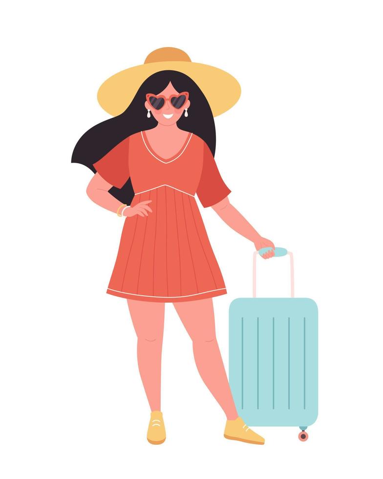 vrouw toerist met reistas of bagage. zomervakantie, zomer reizen, zomer vector