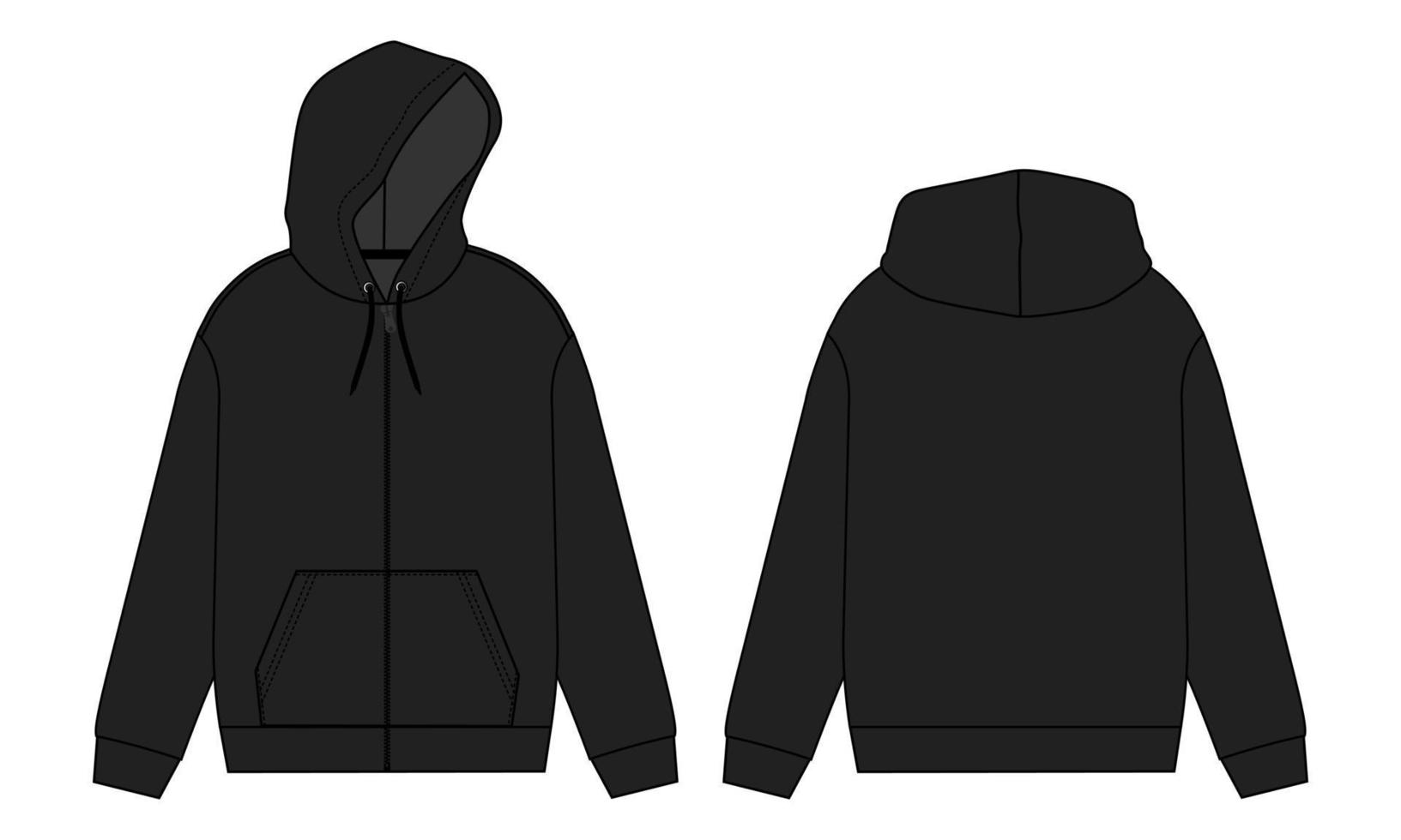 hoodie met lange mouwen technische mode platte schets vector illustratie zwarte kleur sjabloon