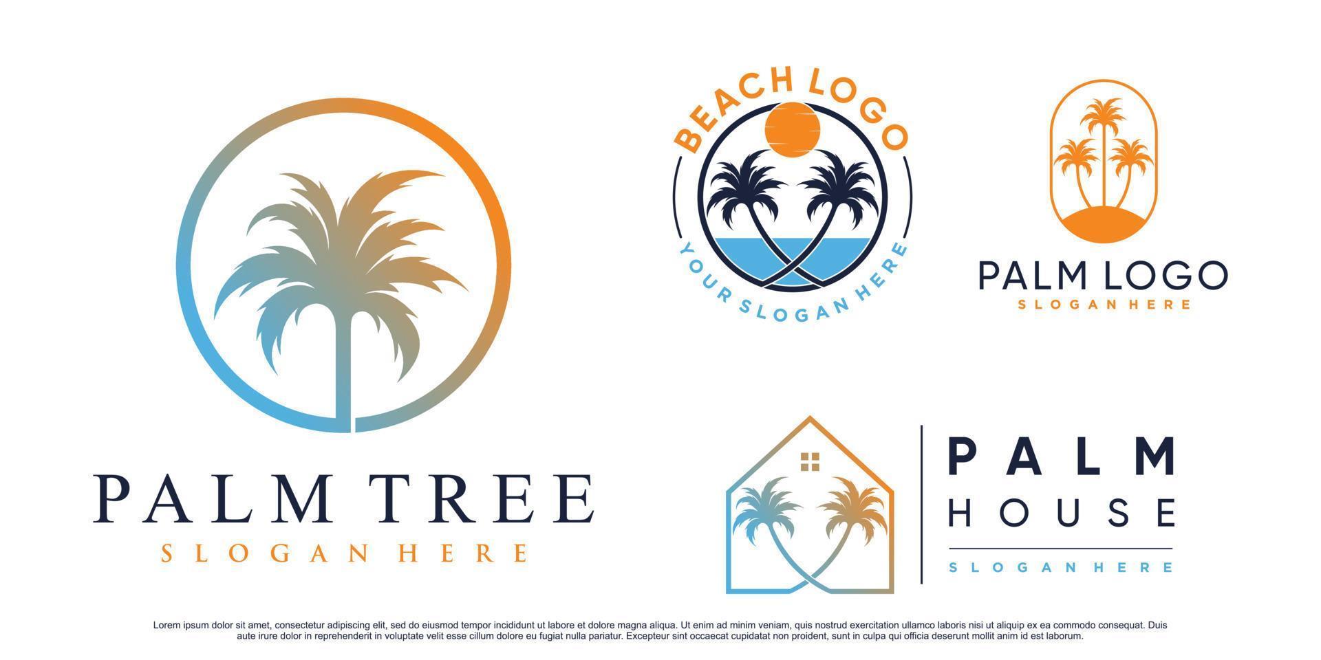 set van palmboom en strand logo ontwerp illustratie met creatieve element premium vector