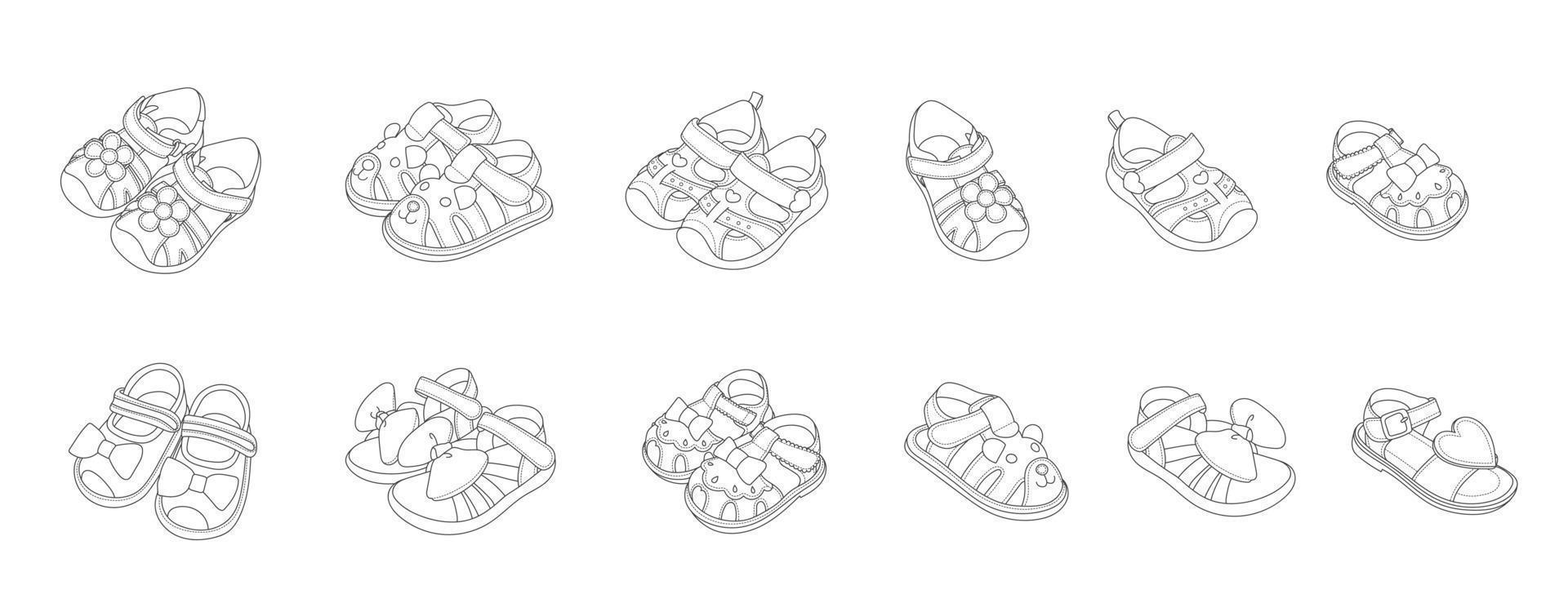 baby zomer schoenen, kinderschoenen schets stijl ornament set; vector