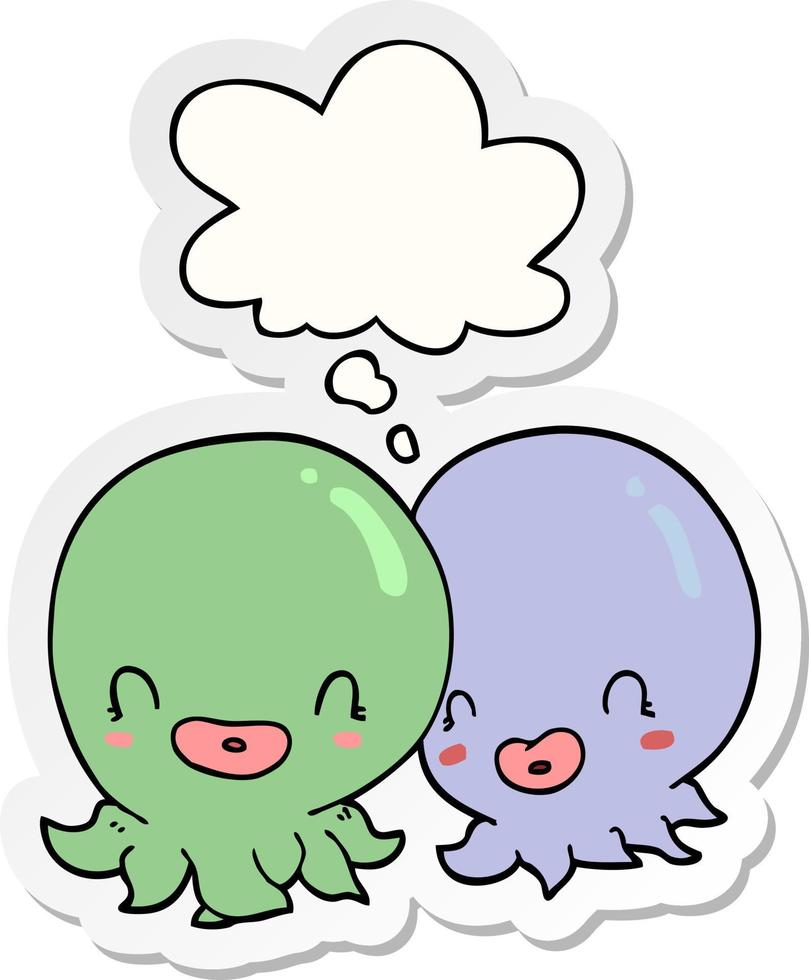 twee cartoon octopussen en gedachte bel als een gedrukte sticker vector