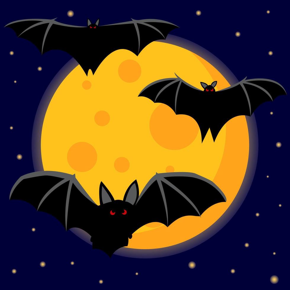 vleermuizen met rode ogen tegen de achtergrond van de maan en de nachtelijke hemel. griezelige illustratie. halloween. vector tekening