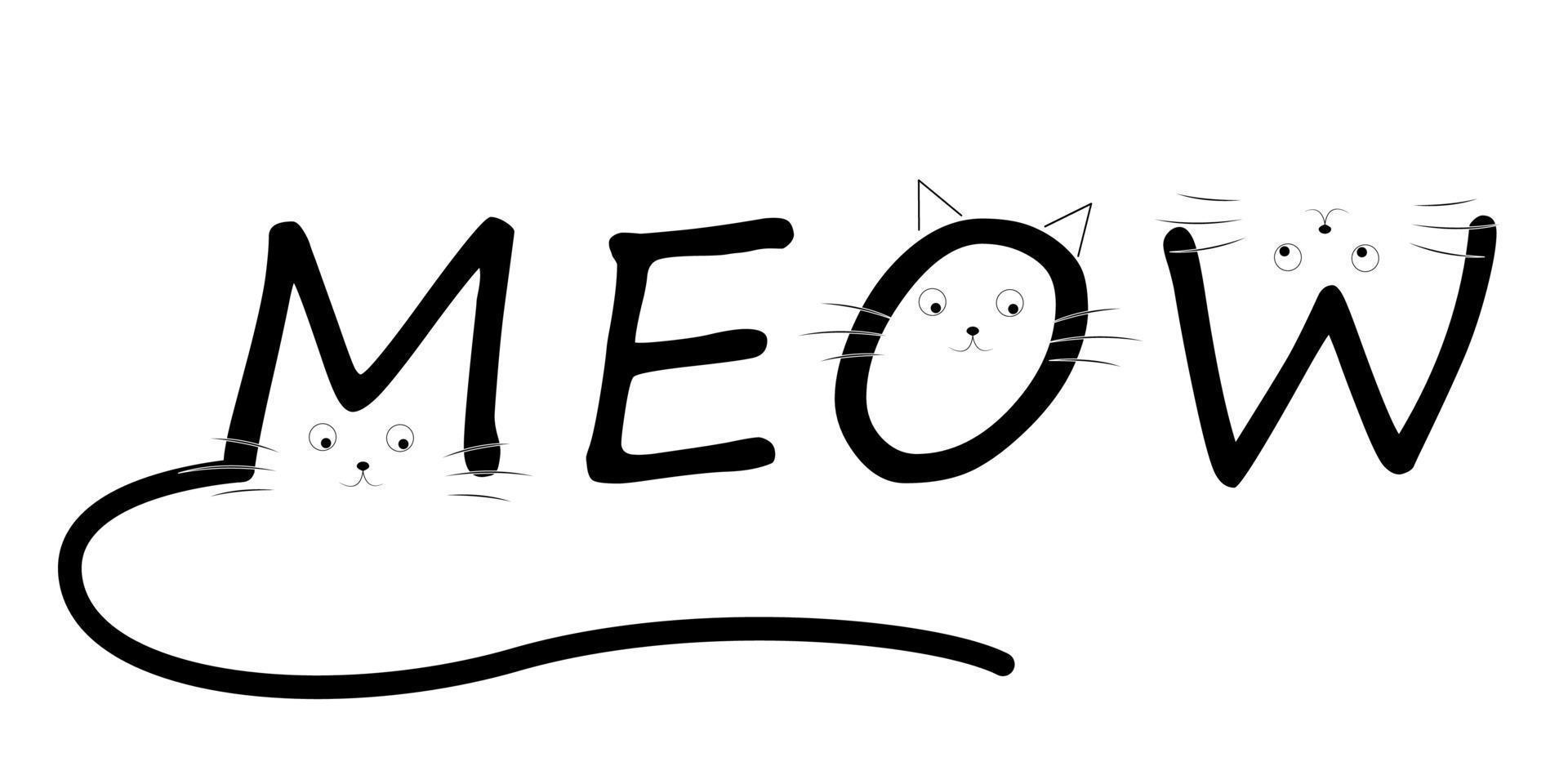 print met schattige cartoon kattengezichten. inscriptie miauw. sticker. logo. vectorillustratie geïsoleerd op een witte achtergrond vector