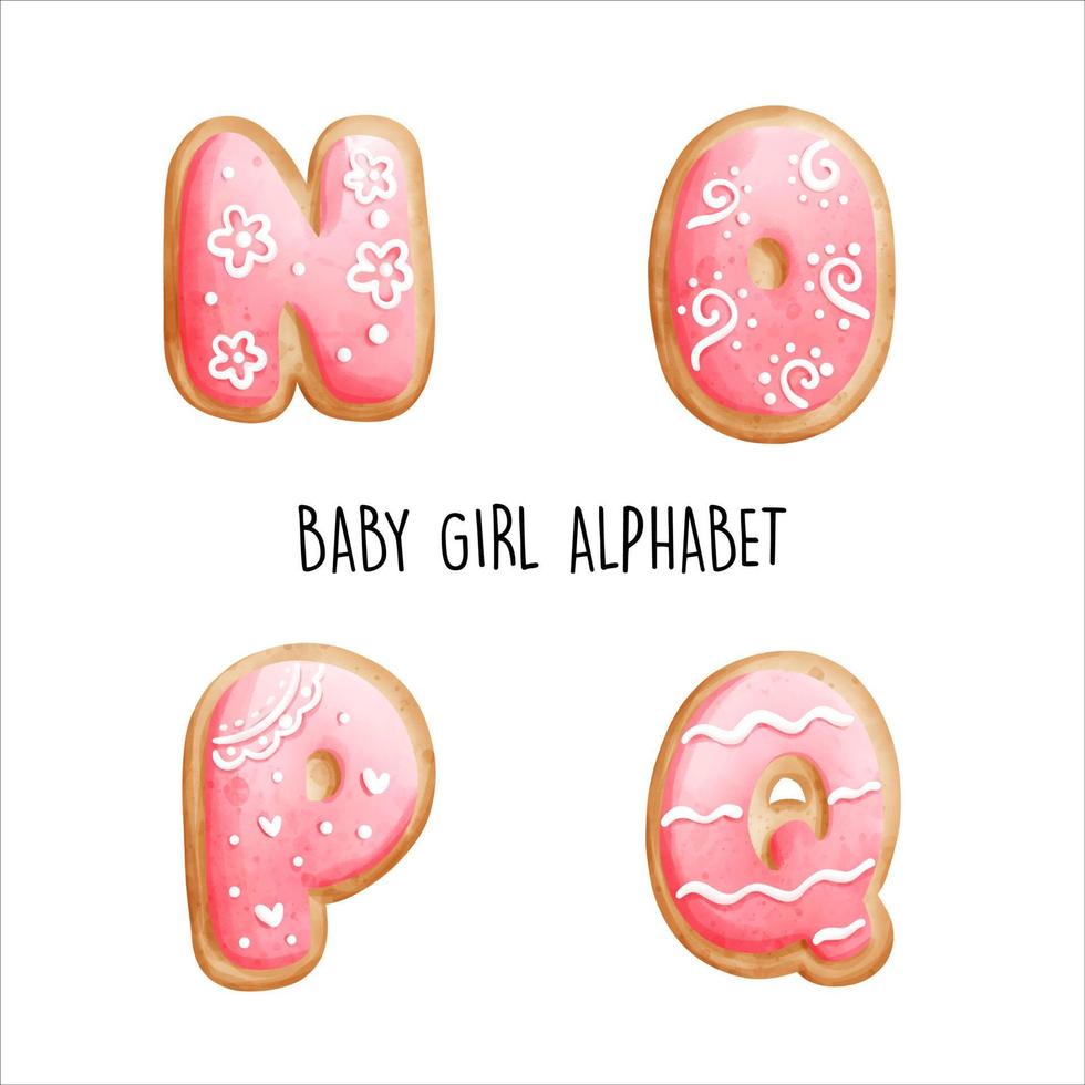 babymeisje alfabet, roze koekjes alfabet. vector illustratie