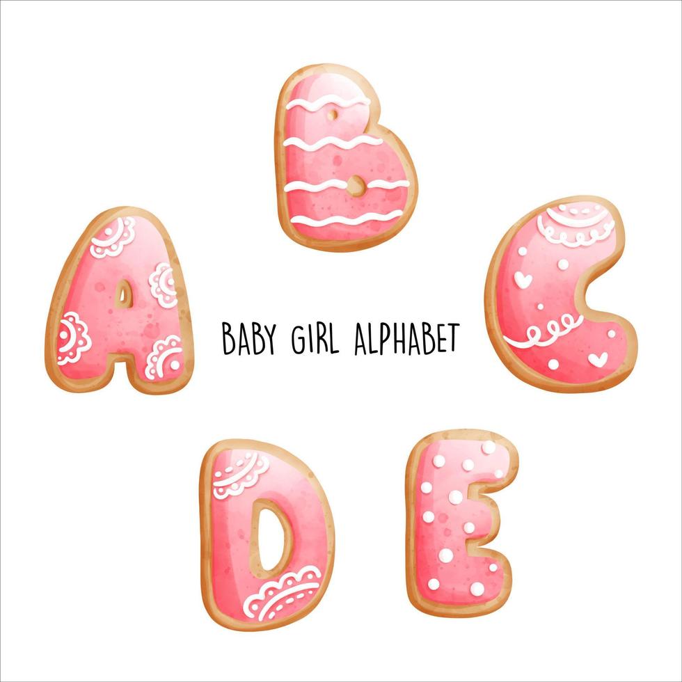 babymeisje alfabet, roze koekjes alfabet. vector illustratie