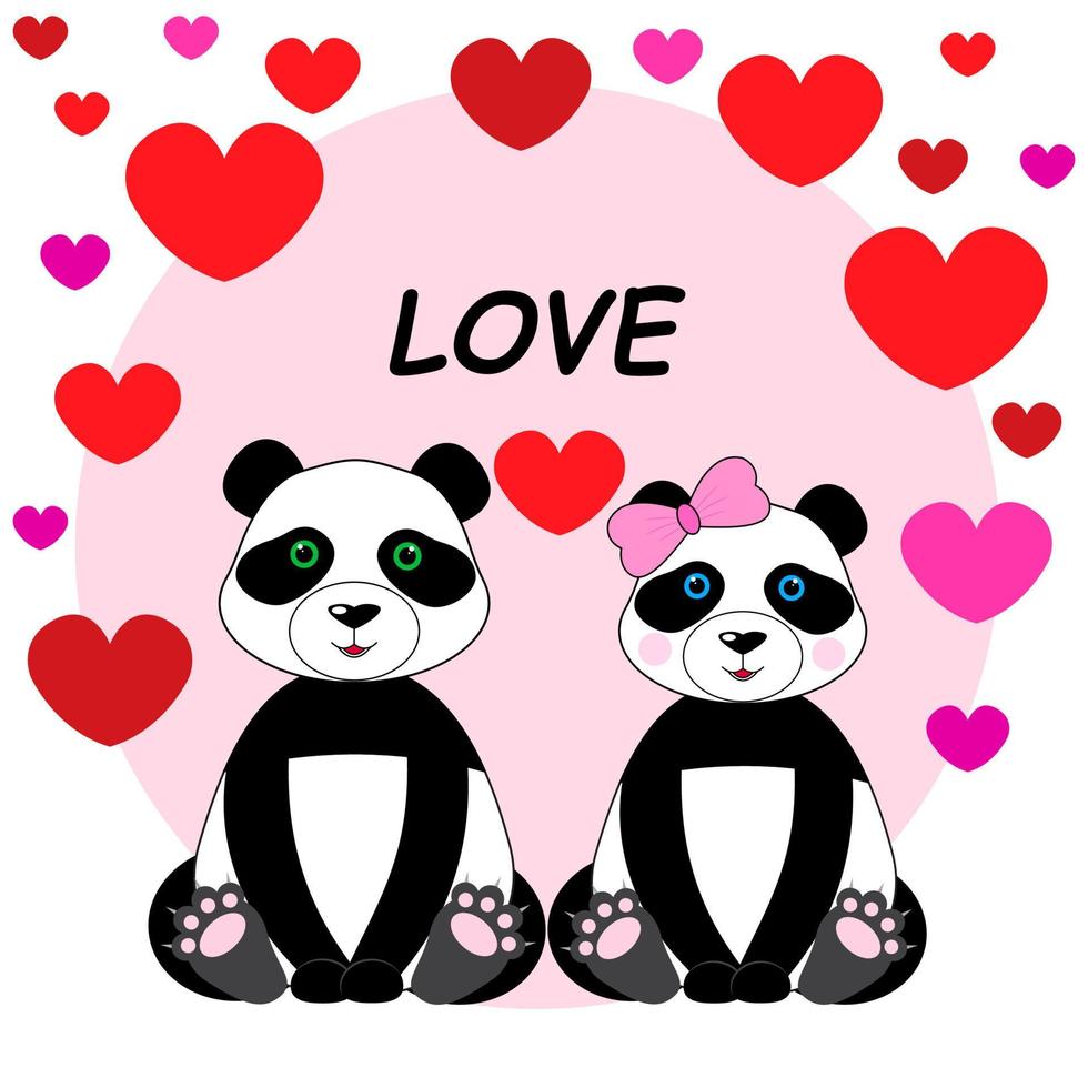 mooie panda's in liefde. Valentijnsdag. wenskaart. sticker. vectorillustratie geïsoleerd op een witte achtergrond vector