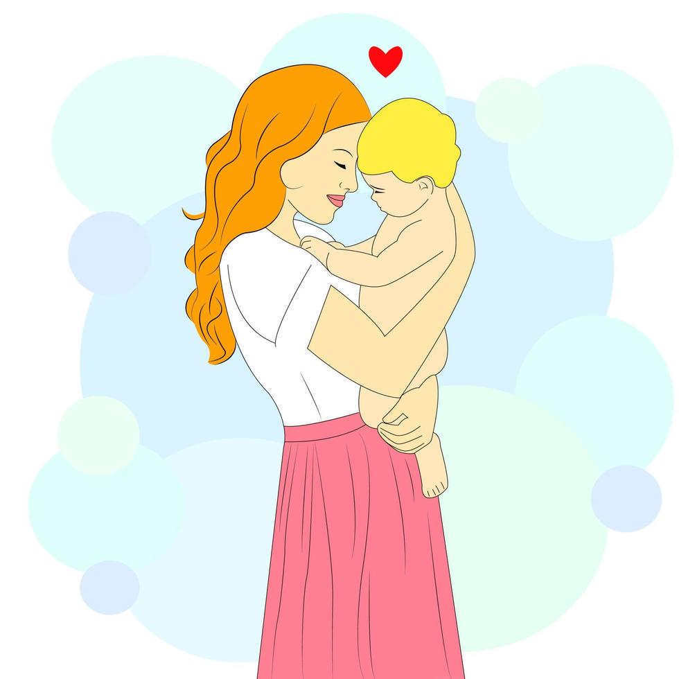 moeder en kind. moeder houdt haar zoon in haar armen. moeder knuffelt het kind. vector illustratie