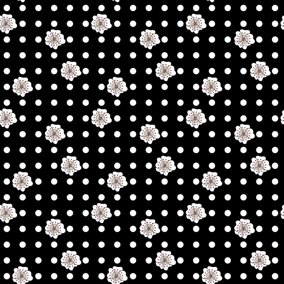 naadloos patroon met witte stippen met kersenbloesem op een zwarte achtergrond. ontwerp voor verpakkingen, stoffen, textiel, ansichtkaarten. vector illustratie