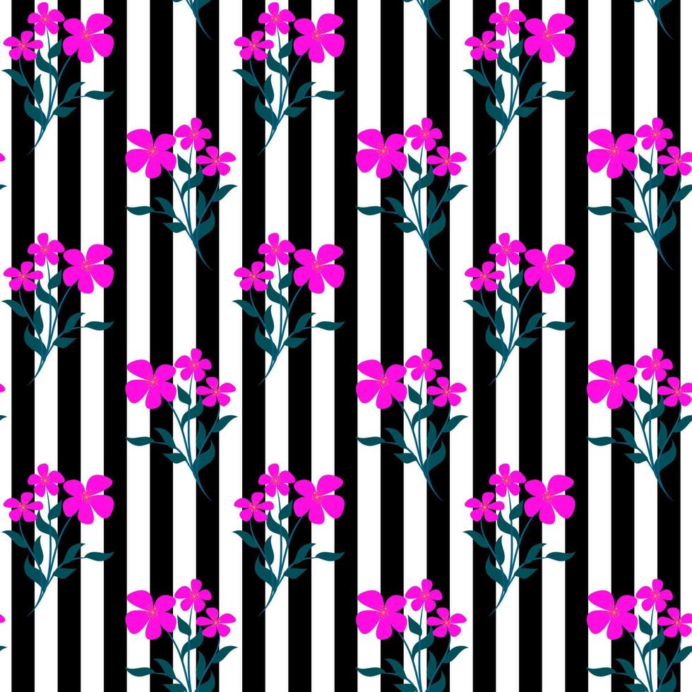 trendy naadloze vector bloemmotief van roze bloemen op een zwart-wit gestreepte achtergrond. zomer- en lentemotieven. voorraad vectorillustratie.