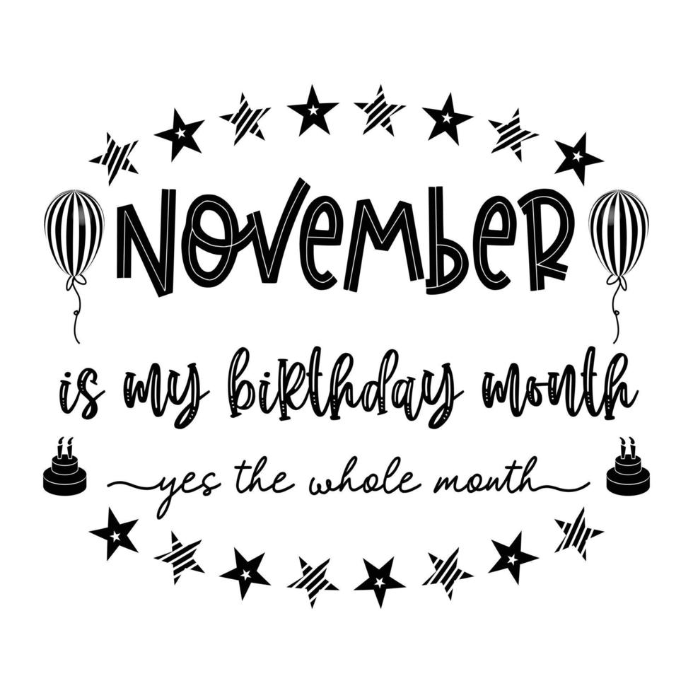 november is mijn verjaardagsmaand ja de hele maand. november verjaardag. verjaardagsviering. verjaardagstaart en ballon .verjaardagscitaat typografie vector