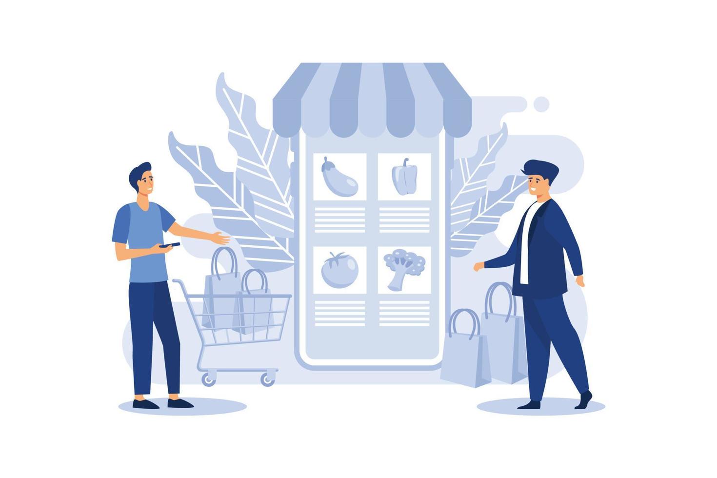 kleinhandelsvoedsel, winkel aan online. vrouw doet online aankopen via de telefoon, product kiezen. winkelwagentje voor koper met eten. e-commerce op smartphone. platte vectorillustratie vector