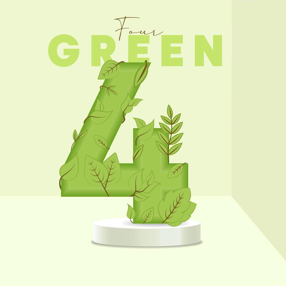 nummer 4 bladeren en takken op de standaard. laat lettertype. 4 symbool met groene plant textuur. eco symbool collectie. vector design stuk en sjabloon illustratie.