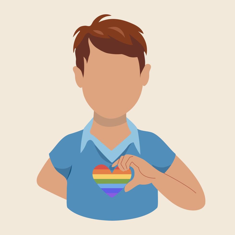 LGBT Pride maand. multiculturele man die steun toont voor de lgbt-gemeenschap. trots maand viering tegen geweld, discriminatie. vector
