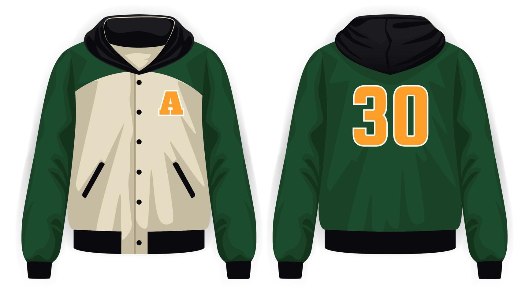 groen, beige, zwart en geel varsity-jasje met hoodie voor- en achteraanzicht, vectormodelillustratie vector