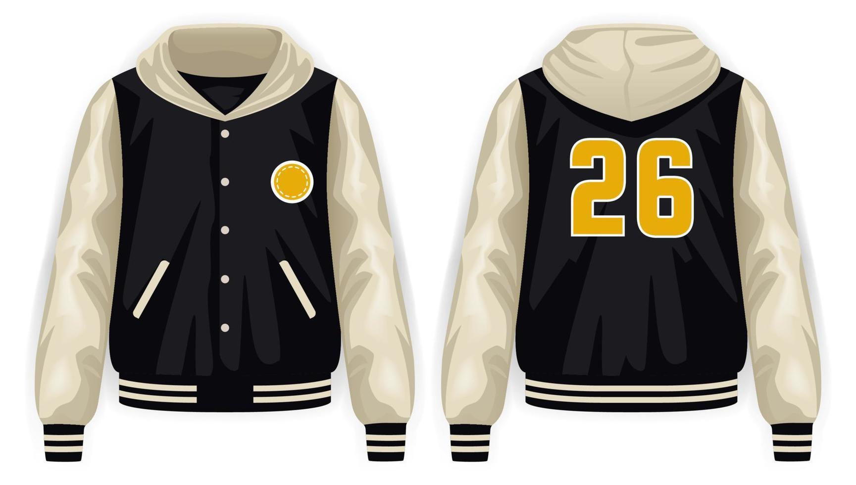 zwart, geel en beige varsity-jasje met hoodie voor- en achteraanzicht, vectormodelillustratie vector