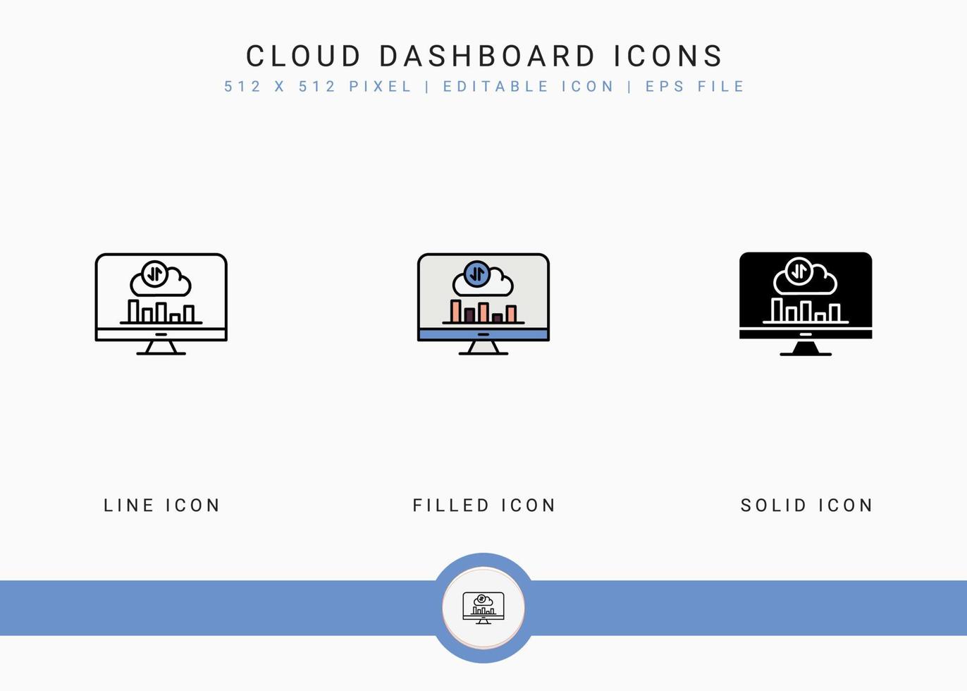 wolk dashboard pictogrammen instellen vectorillustratie met solide pictogram lijnstijl. datacenter systeemconcept. bewerkbaar lijnpictogram op geïsoleerde achtergrond voor webdesign, gebruikersinterface en mobiele applicatie vector