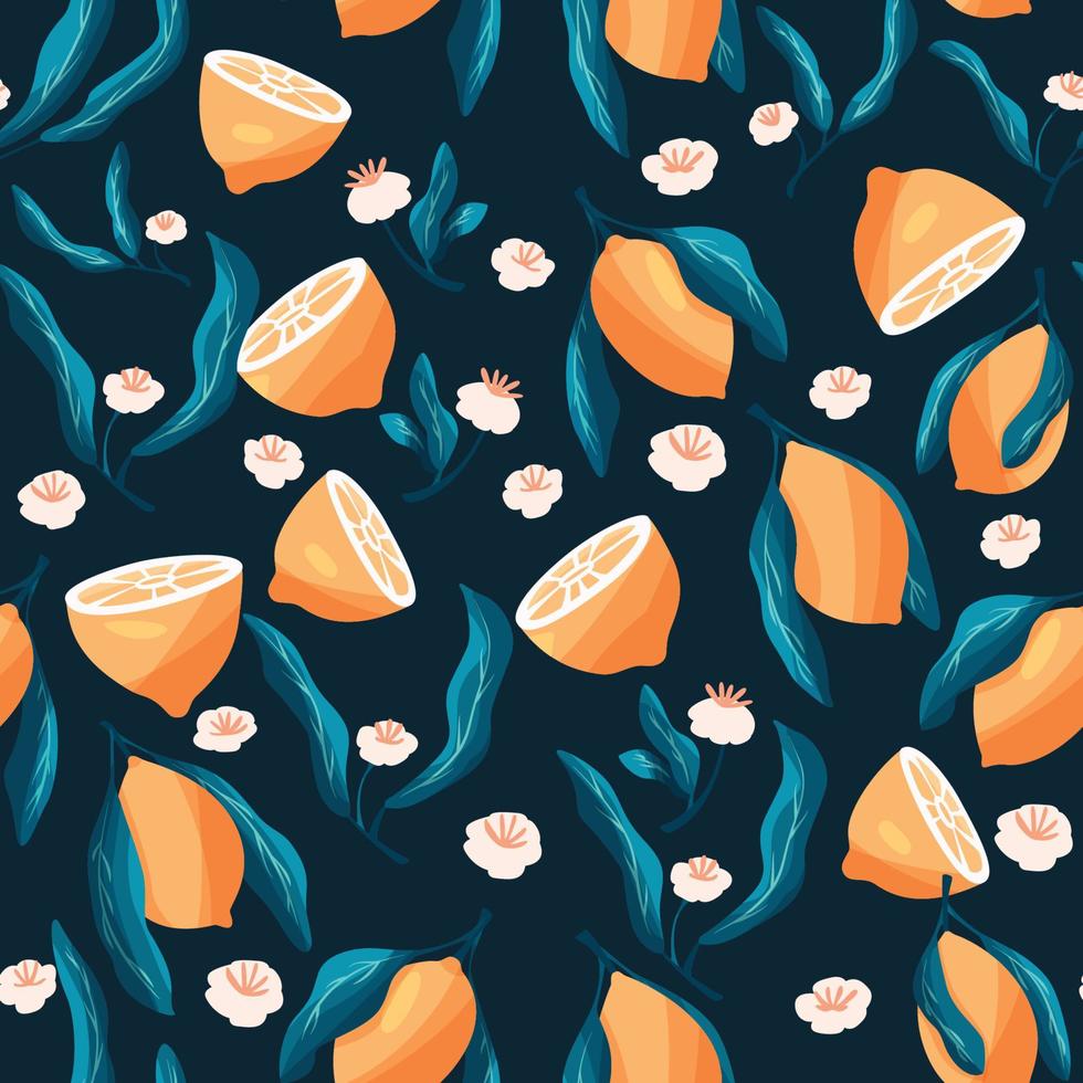 naadloos patroon met hand getrokken citroenen op blauwe achtergrond. fruit- en bloemendessin in felle kleuren. kleurrijke vectorillustratie. vector