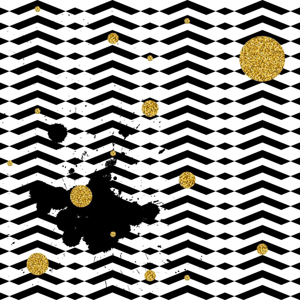 gouden cirkels op een contrasterende geometrische zwart-witte achtergrond, grunge textuur van een verfvlek, zigzag vector patroon.