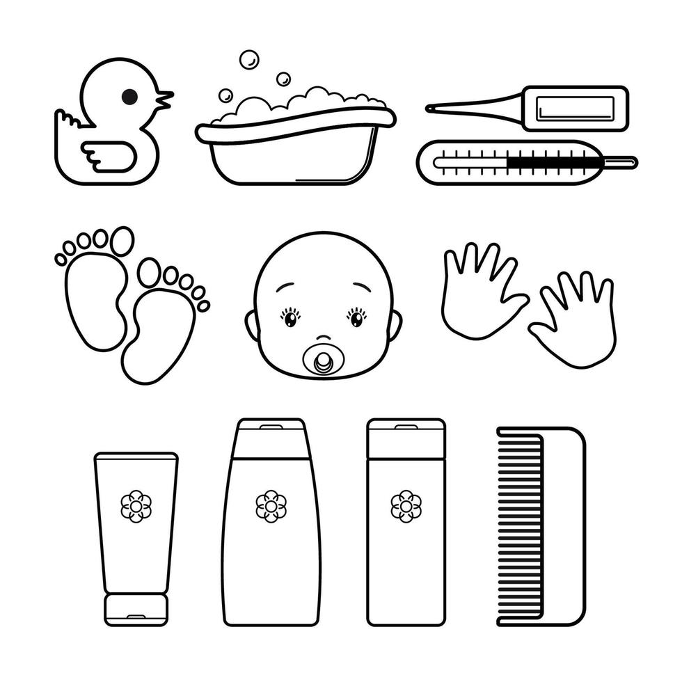 set baby pictogrammen, geïsoleerde lijntekeningen op een witte achtergrond. shampoo, crème, kam, eend, badkuip, thermometer, voetafdruk, handpalmafdruk, gezicht. vector