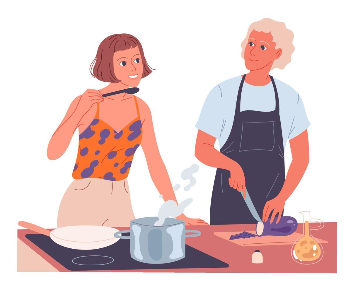 paar samen koken. vrouw kookt op het fornuis, man hakt groenten. vector