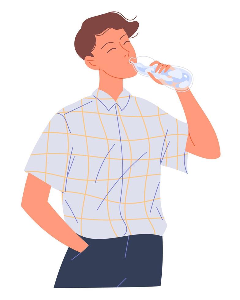 jonge man drinkt water uit een fles. vector
