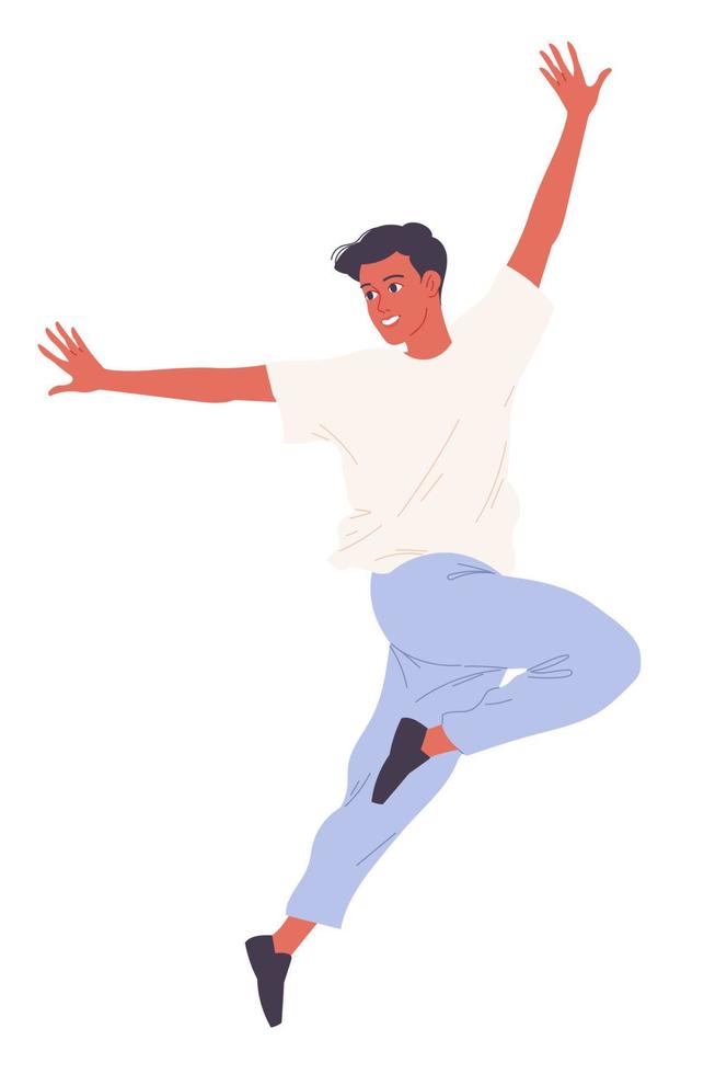 een jonge man danst in een sprong met zijn handen omhoog. vector