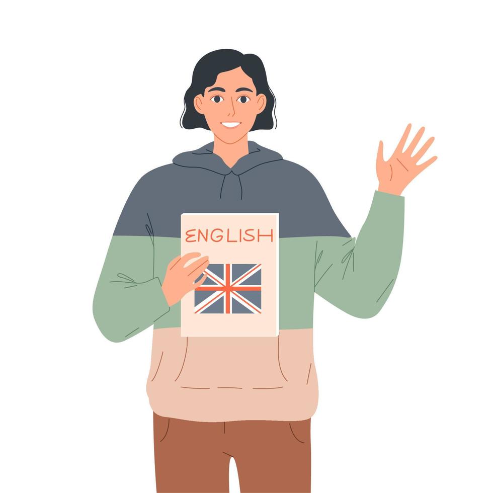 jonge man zwaait zijn hand in welkom, belt om Engels te leren. vector