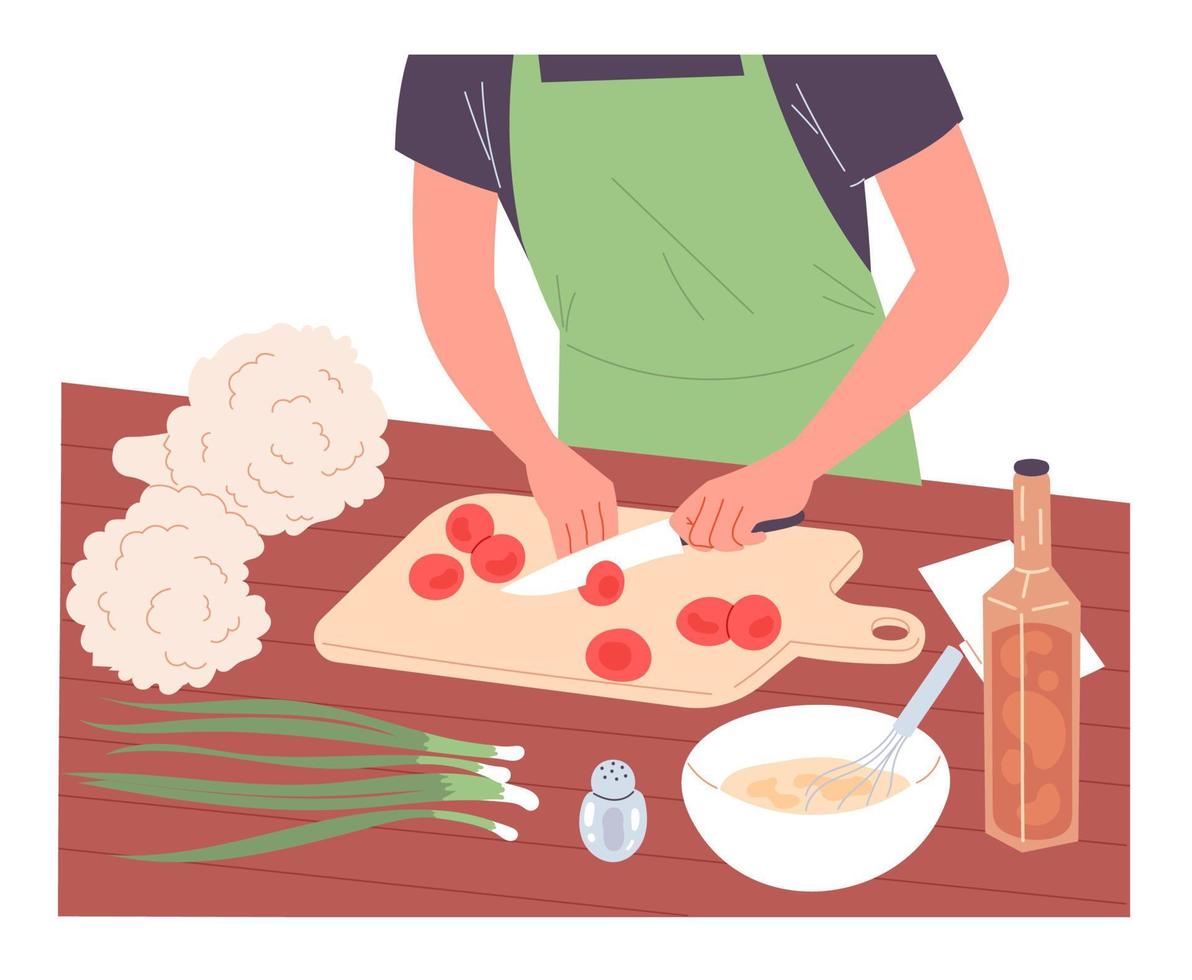 man snijdt tomaten op snijplank bereiden van voedsel. vector