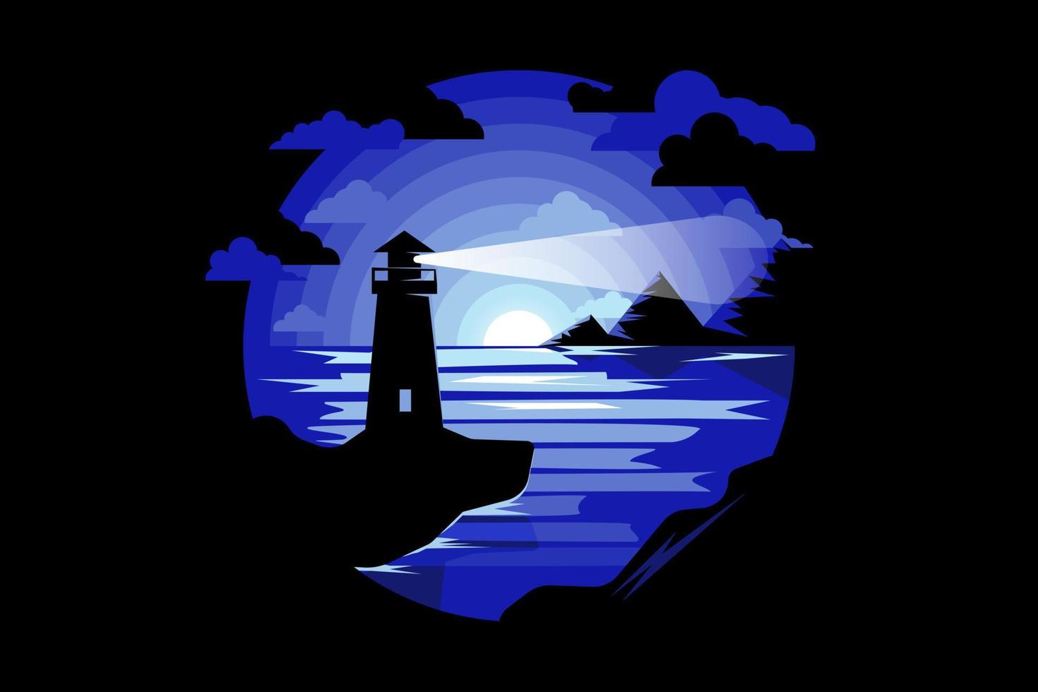 stijlvolle mooie vectorillustratie met een vuurtoren op de klif die de nachtzee verlicht. op de achtergrond bergen en maan met wolken vector
