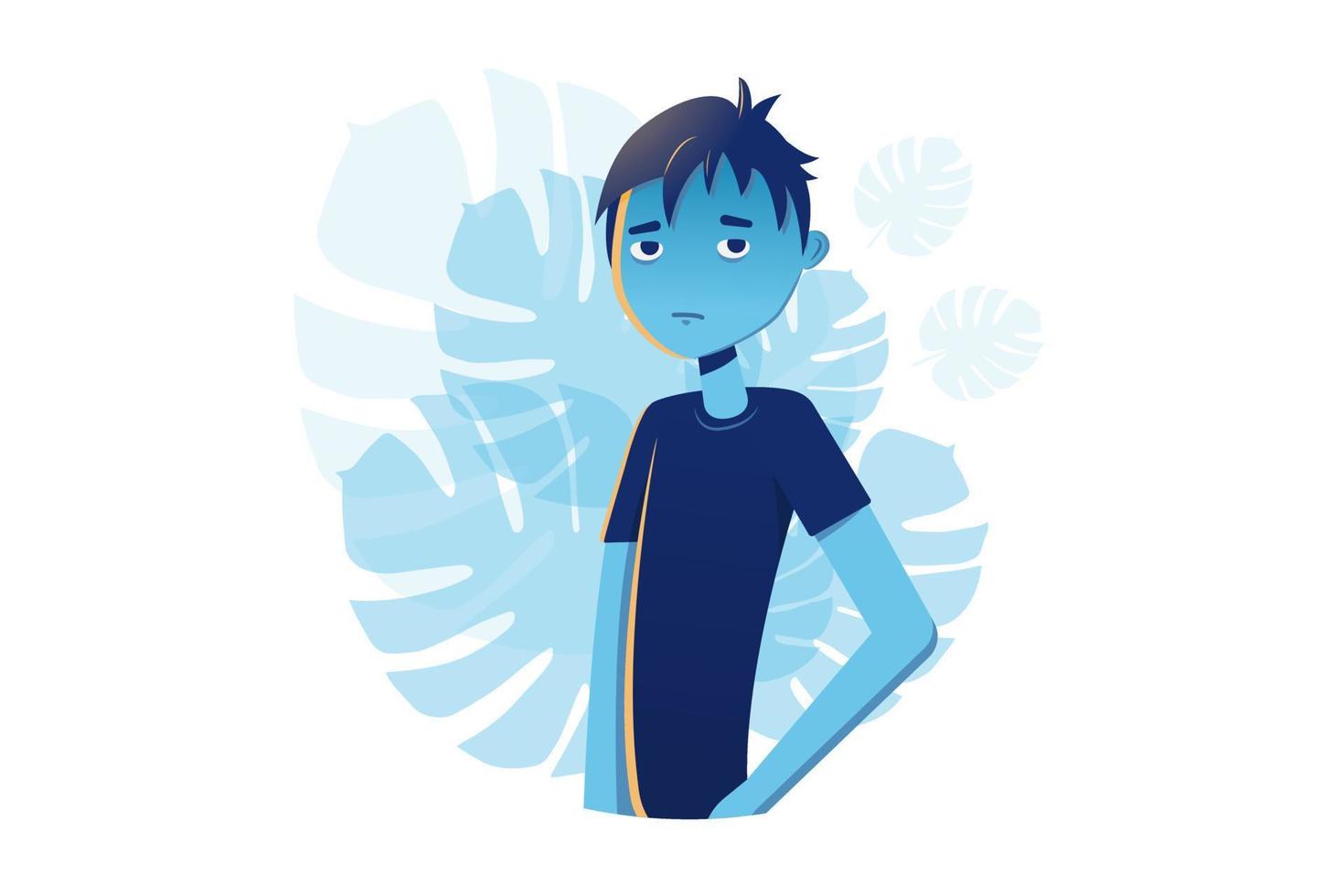 jonge trieste man op een achtergrond van monstera bladeren. stijlvolle blauwe vlakke afbeelding vector