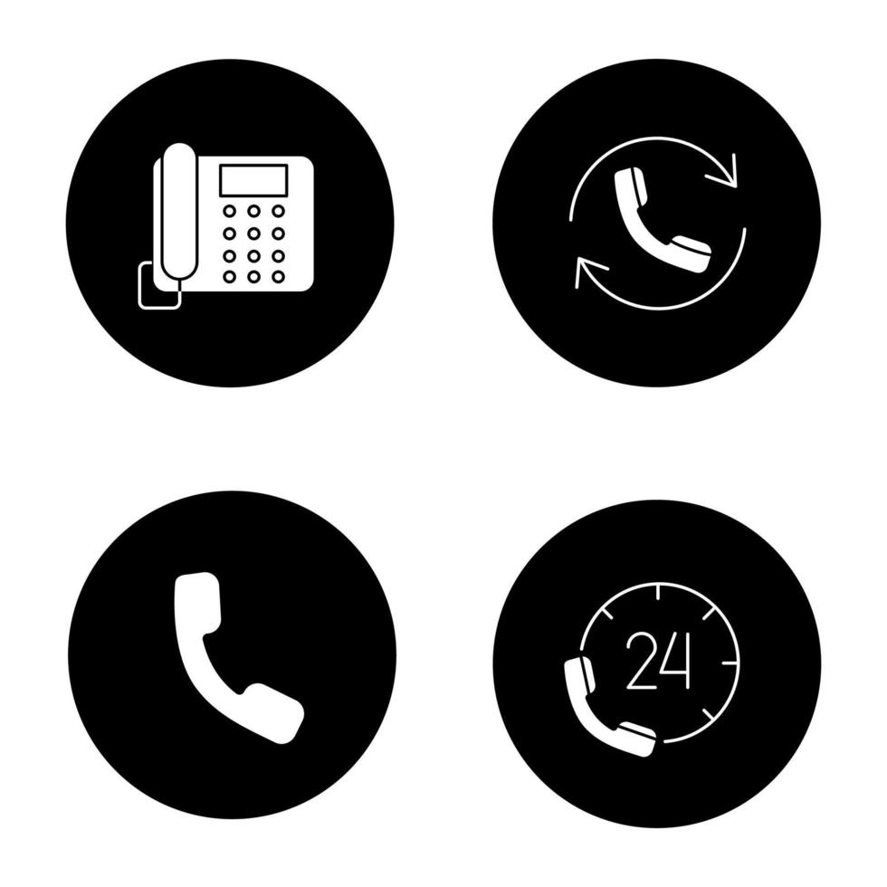 telefoon communicatie glyph pictogrammen instellen. vaste telefoon, hotline, handset, bellen. vector witte silhouetten illustraties in zwarte cirkels